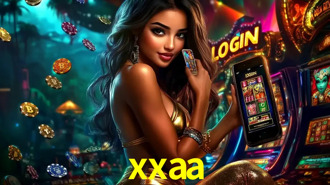 Mulher em um cenário de cassino temático de aventura, mostrando o app de caça-níqueis da xxaa no celular. Fichas de apostas flutuam ao redor.