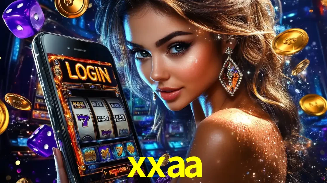 Mulher glamorosa segurando um smartphone com a tela de login para os jogos de caça-níqueis do cassino online xxaa, com moedas de ouro e dados ao redor.