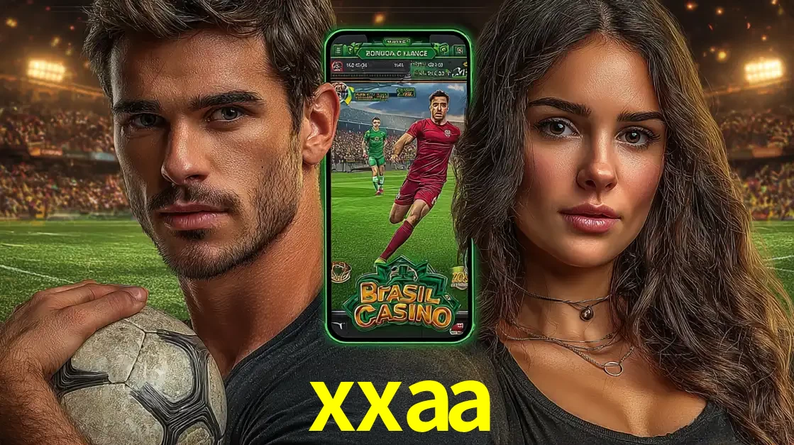 Homem segurando uma bola de futebol e uma mulher ao lado de um smartphone exibindo o jogo de apostas esportivas da xxaa. Faça seu palpite no cassino online.